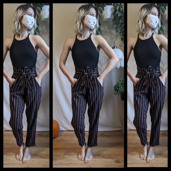 High waisted Striped Pants with Waist Tie - Picture 1 of 3